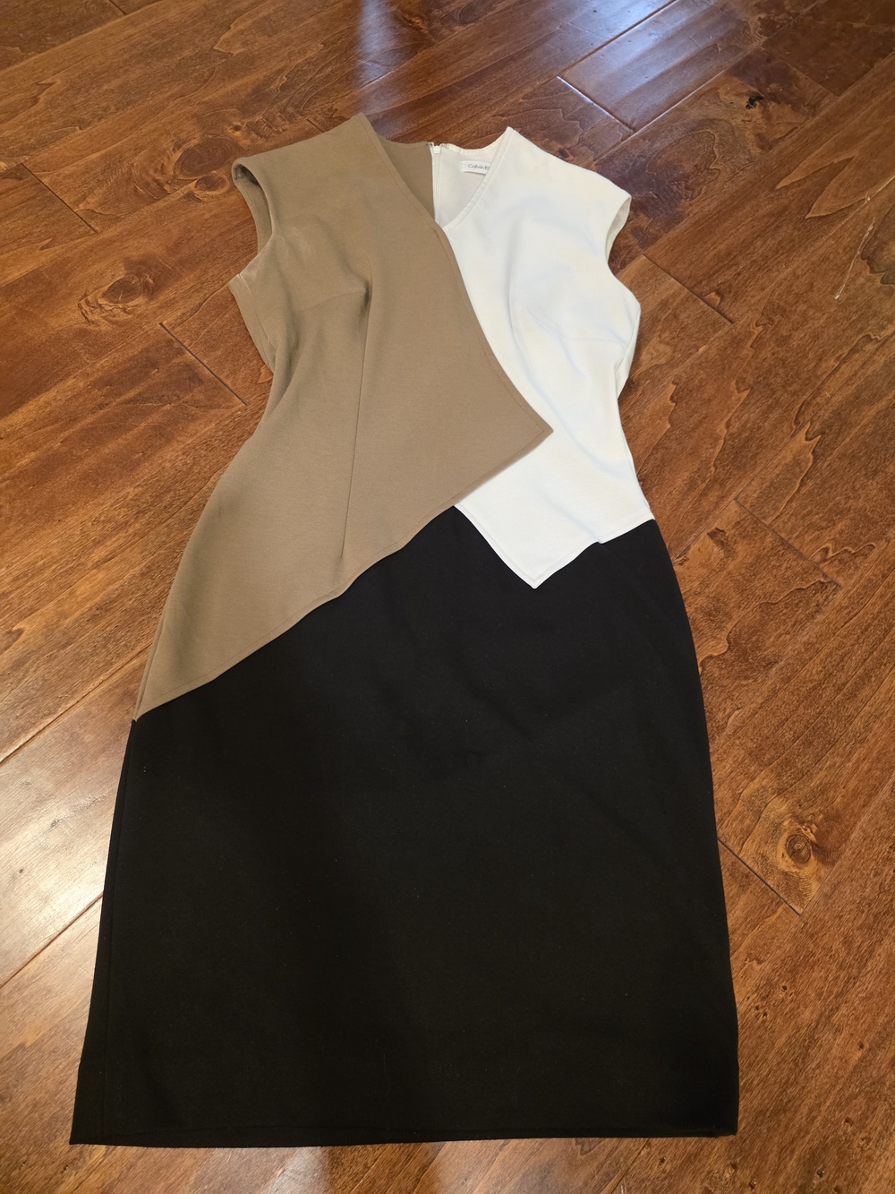 Calvin Klein Sleeveless Asymmetrical Colorblock Dress in Black, White, and Taupe
